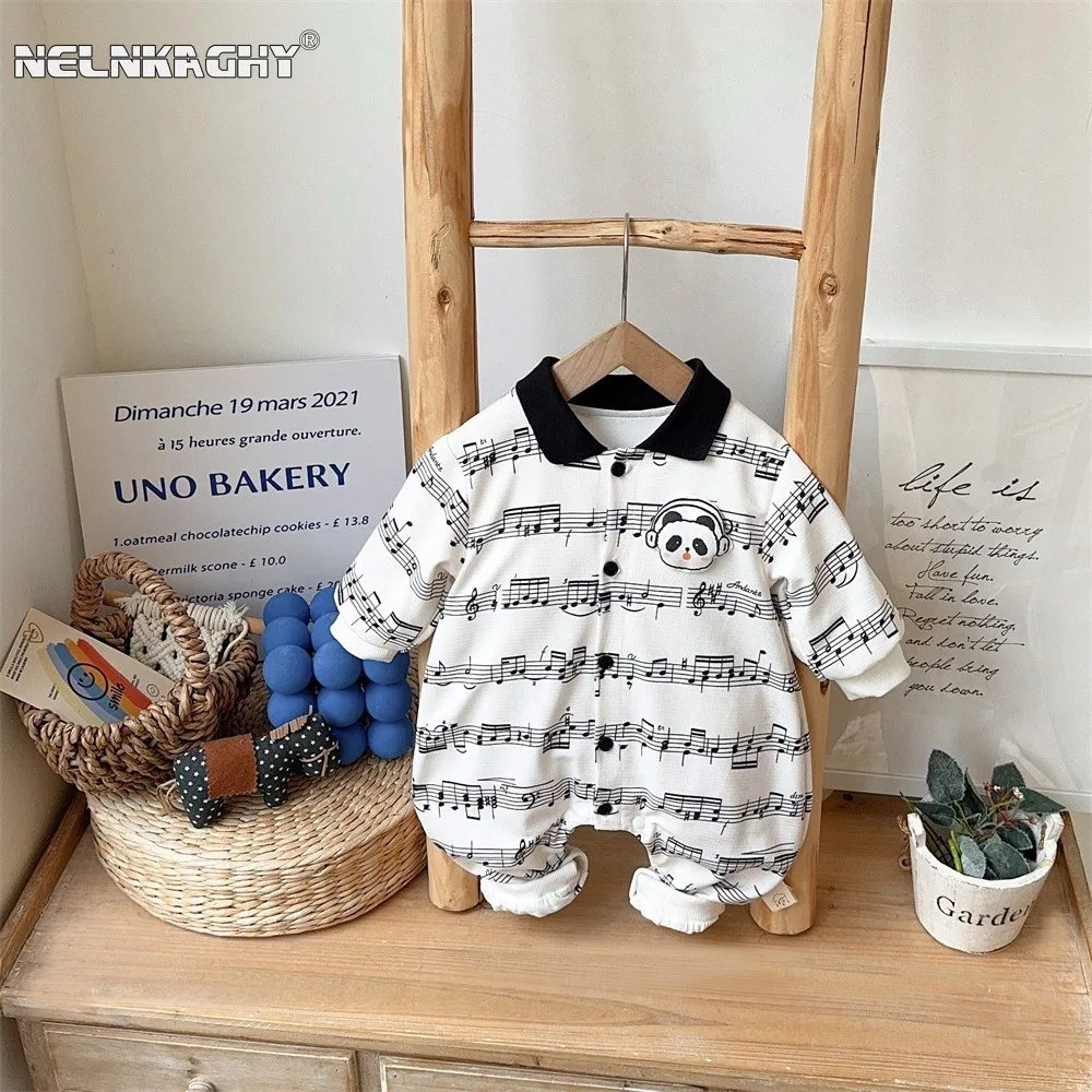 

2024 Spring New in Toddler Boys Cute Clothing Infant Cartoon Singing Panda Turn-down Collar Jumpsuits Newborn Kids Baby Romper