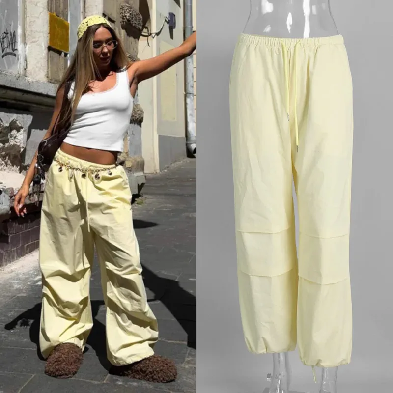 

2025 Autumn Women Cargo Pants Yellow Cotton Baggy Trousers Low Waist Drawstring Elastic Waist Wide Leg Streetwear Long Pants New
