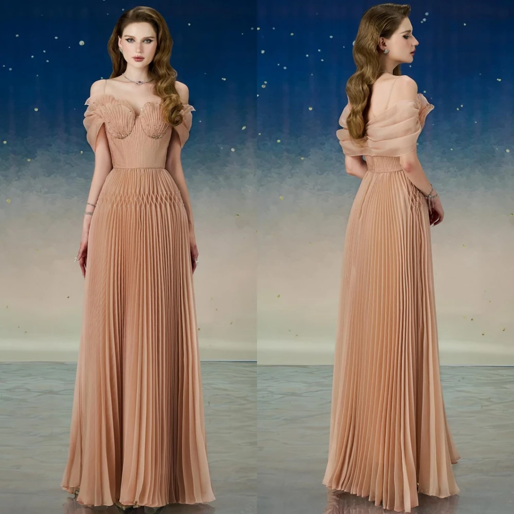 

Customized Simple champagne Chiffon Evening Dress Formal Boat Neck Off the Shoulder Prom Dresses Soft A-Line Pearls Party Dress