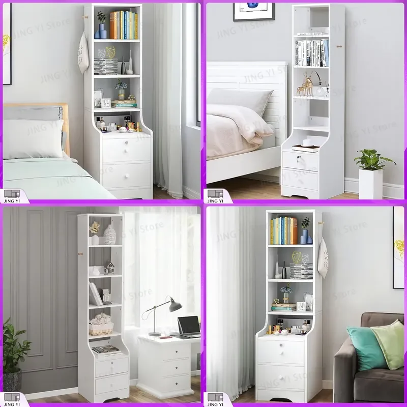 White Corner Bookshelf 3 4 5 Tier Wooden Ultra Thin Storage Rack with Lockable Drawer for Living Room Bedroom Home Office