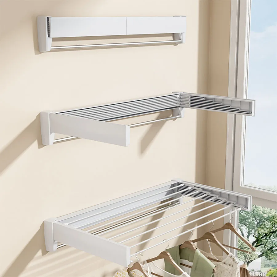 Folding Wall Mounted Telescopic Clothes Drying Rack Invisible Towel Rack in Bathroom, Indoor Balcony, Bay Window