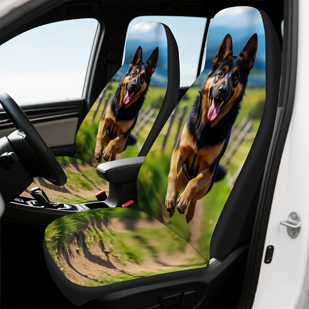 2pcs German Shepherd Dog Running Photo Print Front Seat Covers - Durable & Comfortable, Fit For Most Sedans & SUVs, Machine Wash