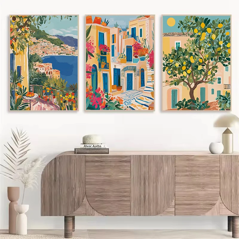 Canvas Painting Colorful Mediterranean City Santorini Italy Seaside House Coastal Landscape Poster Wall Art Pictures Home Decor