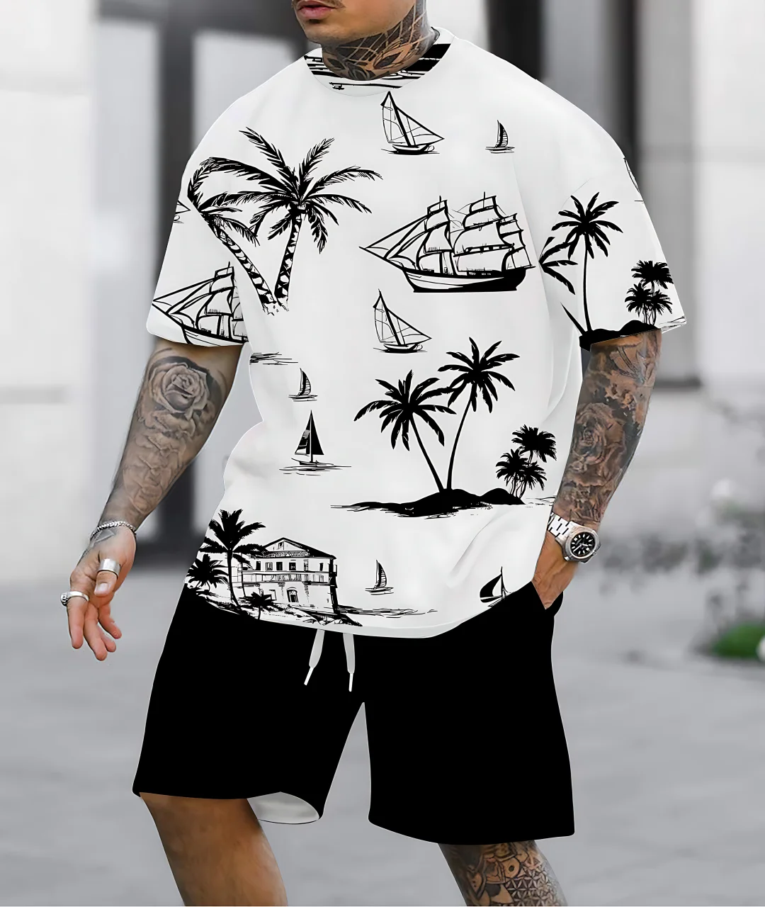 

Summer 2025 new 3D rose pattern printed casual, fashionable, soft, comfortable and lightweight men's set