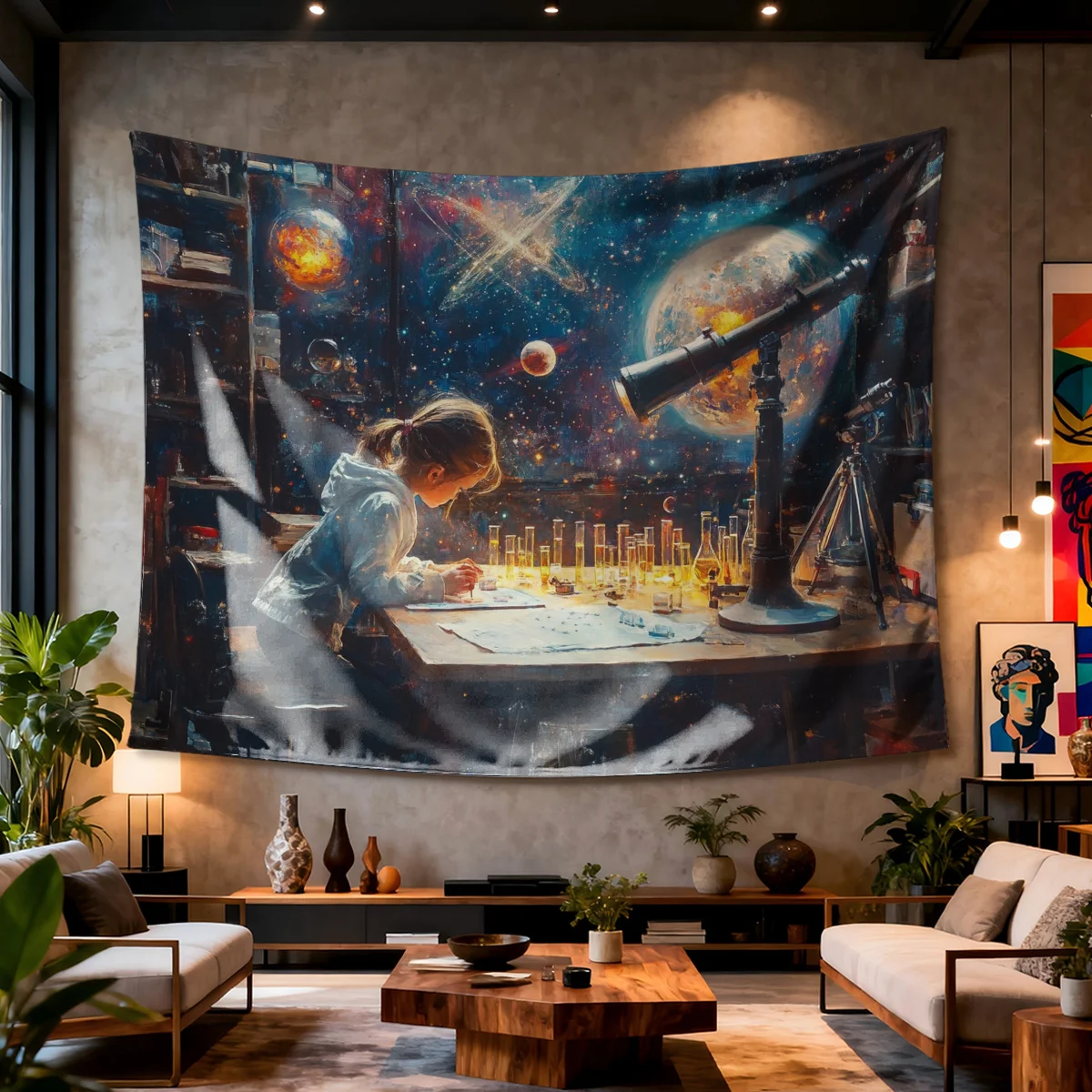 Galaxy Science Tapestry - Girl Studying with Telescope, Dreamy Universe Wall Art, Polyester, Multiple Sizes