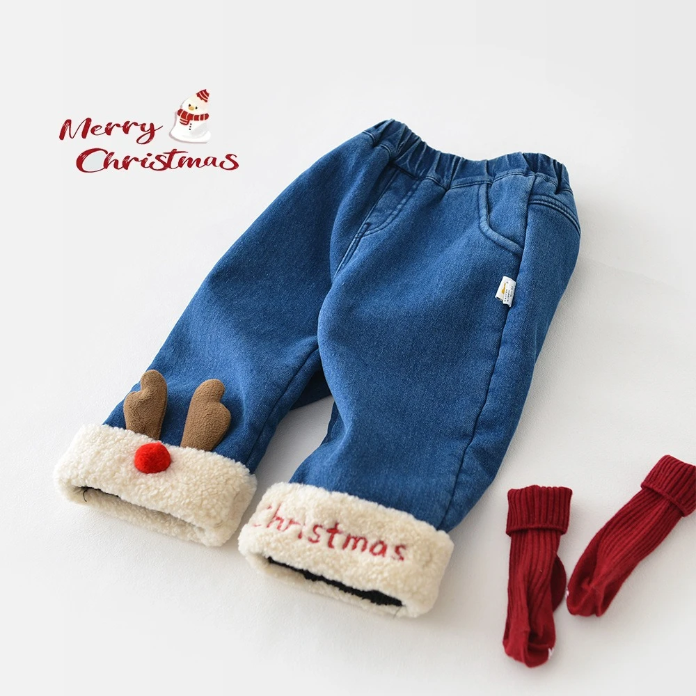 2025 Winter Fleece-Lined Pants for Children Christmas Reindeer Antlers Washed Denim Pants