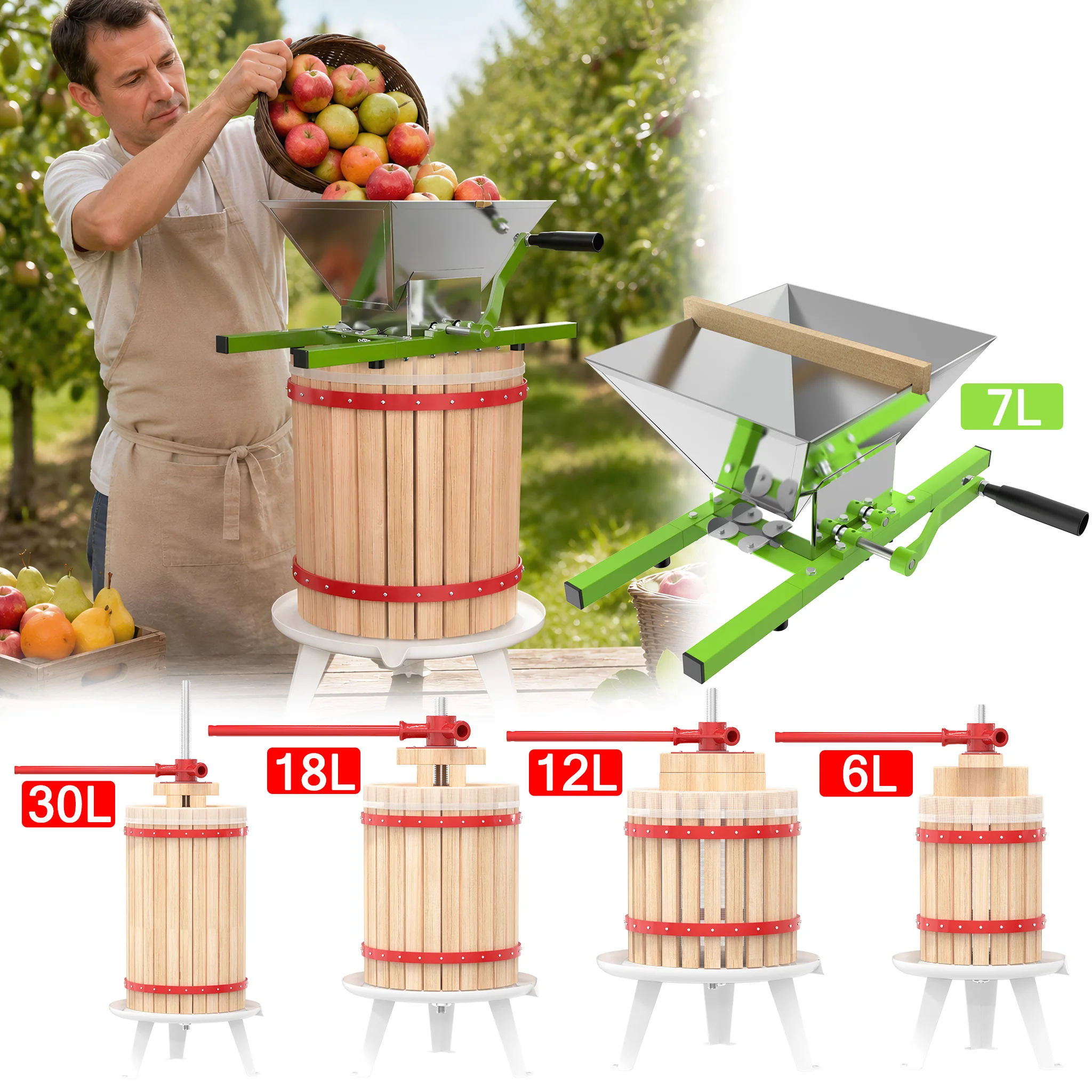 Set composto da spremiagrumi manuale da 6L/12L/18L/30L e tritatutto per frutta da 7L, spremiagrumi a manovella e spremiagrumi per preparare succhi di mele, uva e bacche, ideale per la produzione di