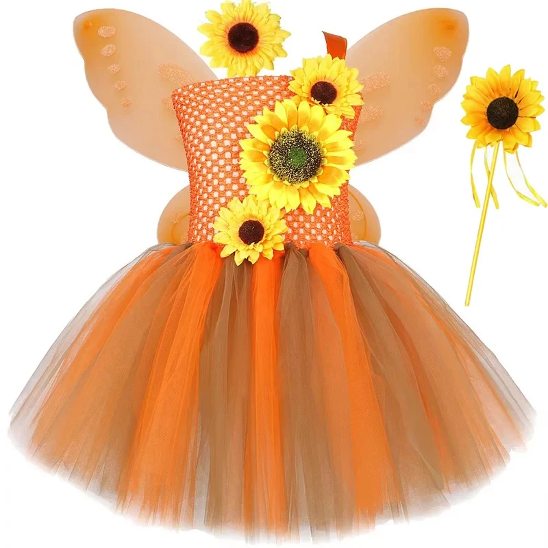

✿2026✿Sunflower Fairy Princess Costumes for Girls Fall Autumm Elf Tutu Dress with Butterfly Wings Kids Halloween Thanksgiving O✿