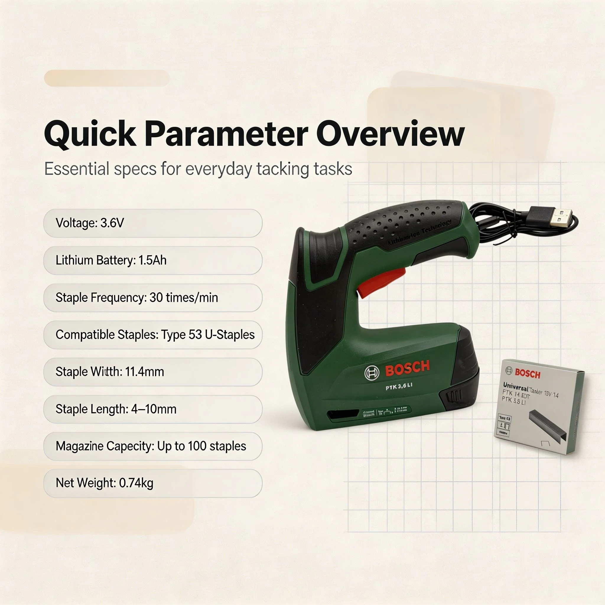 Bosch PTK 3.6 Li Cordless Nail Gun  Fine Nails Tacker Furniture Staple Gun for Frame Staple Woodworking Diy Upholstery