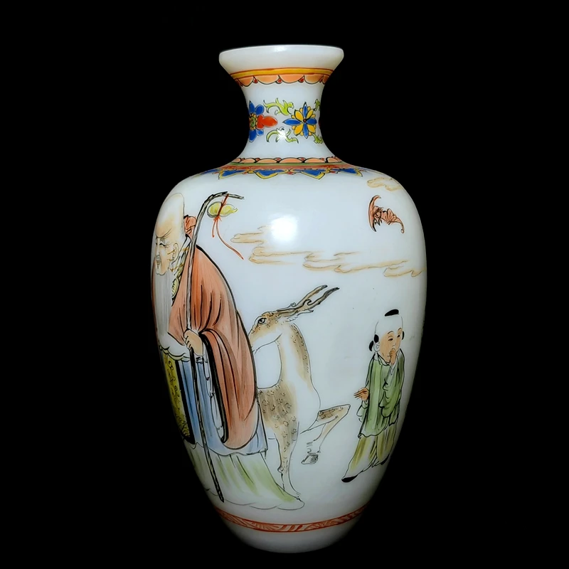YIZHU CULTUER ART Size 19.5×11cm Chinese Old Beijing Glaze Hand Painted Boy God of longevity Statue Vase Collection