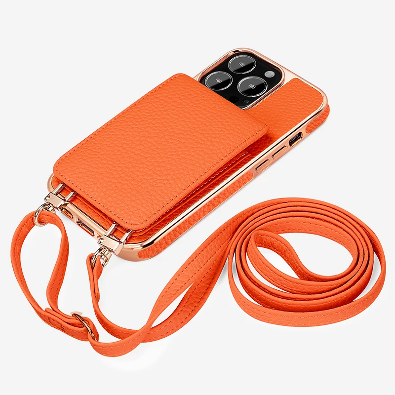 Vietao-Orange Leather Crossbody Phone Case, Flip Card Holder, Phone Case for iPhone 14, 13 Pro Max, 14Plus