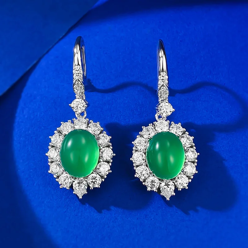 

Серебряные серьги-гвоздики S925 с цирконом, 8*10, Зеленый Халцедон, персонализированные универсальные серьги-гвоздики, бутиковые ювелирные изделия для женщин