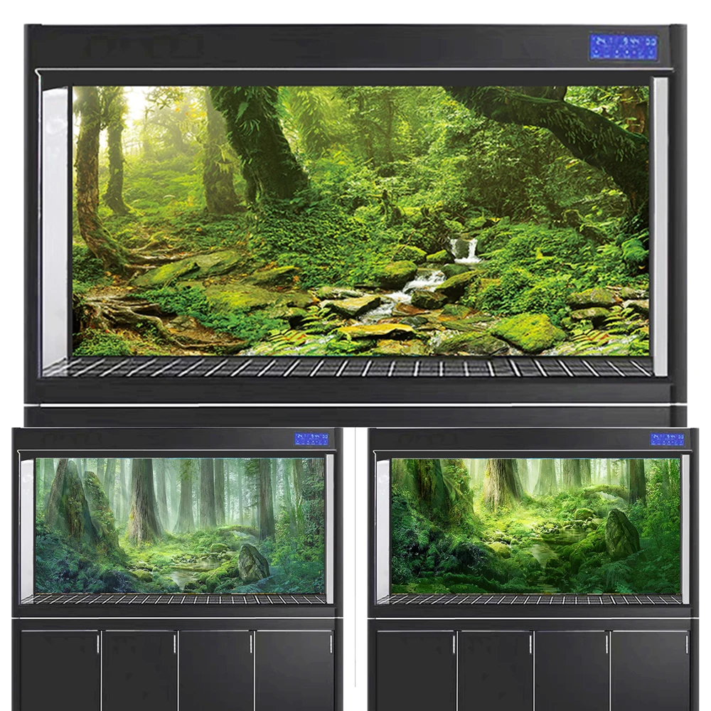 3D Aquarium Background Sticker, Green Forest Poster Painting Wallpaper Fish Tank Backdrop Decorations PVC Aquarium Accessories