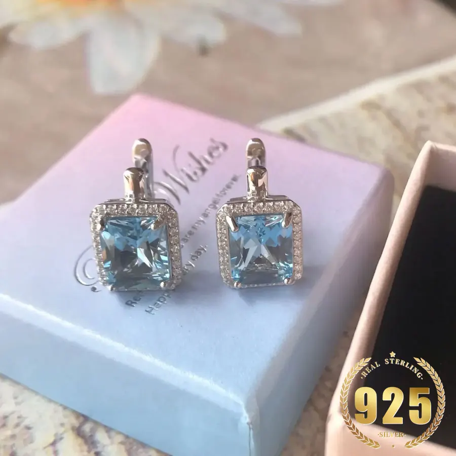 Brincos De Clipe De Topázio Azul Nano Céu, 925 De Prata Esterlina, Brincos De Noivado De Zircão 5A, 8x 10mm