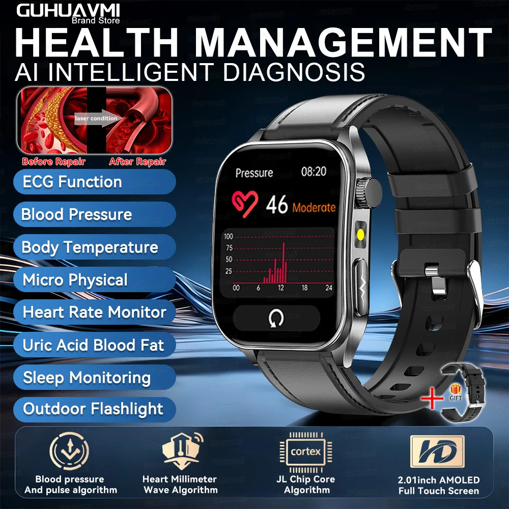 2026Hot AI-GPT Diagnose ECG Gezondheid Smartwatch Bloeddruk Lipiden Urinezuur 650nm Dubbele-probleerlaser Hartanalyse Smartband - afbeelding 1