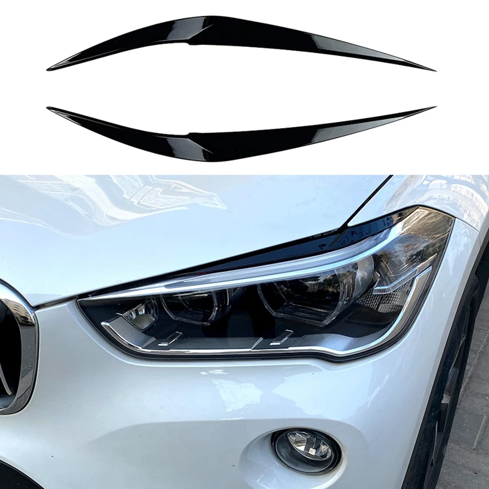 Front Headlight Cover Head Light Lamp Eyelid Eyebrow Trim ABS for BMW X1 F48 Xdrive 2015-2021 Bright Black