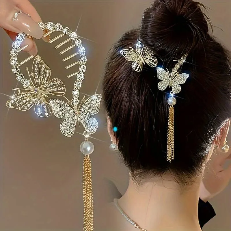 Exquisite Elegant Shiny Rhinestones Bun Buckle, Golden Hollow Butterfly Design Tassel Hair Clip, Women Girls Casual Leisure