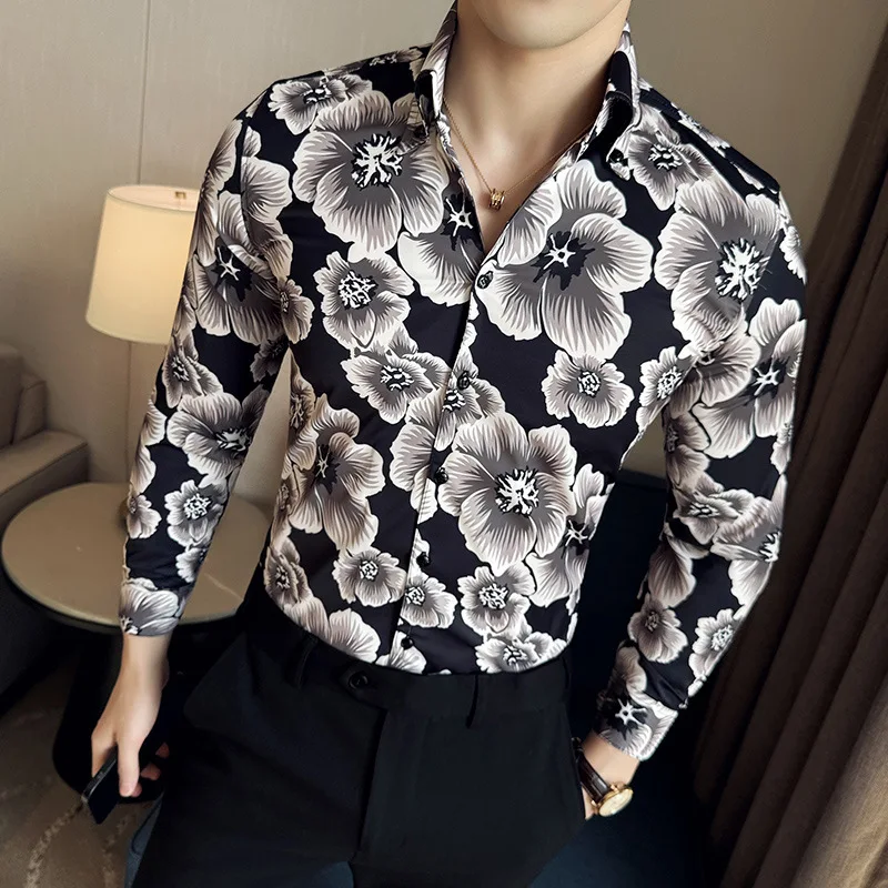 

2024 Spring Flower Shirts Men Long Sleeved V-neck Casual Shirt Men Clothing Fashion Hawaiian Vacation Shirt