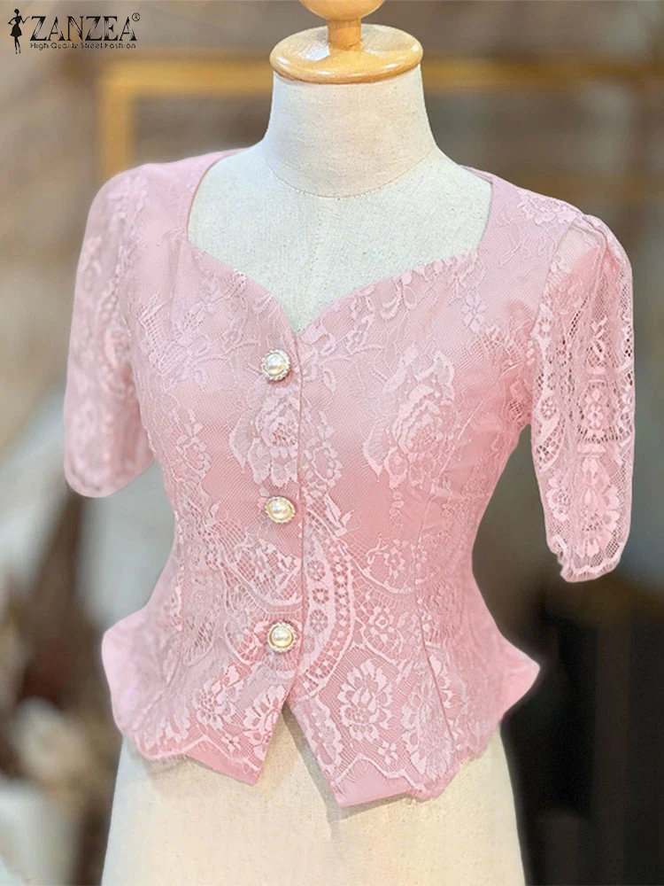 ZANZEA, camisas de encaje para mujer, Tops tipo túnica con cuello cuadrado de verano 2025, blusa elegante de manga corta a la moda para oficina para mujer, Blusas OL con botones