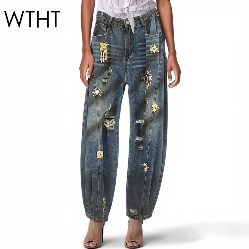 

WTHT Винтажные женские джинсы с металлическими пряжками и прямым кроем, весна 2026, модные джинсы с высокой талией и широкими штанинами, женские, 1LS2947
