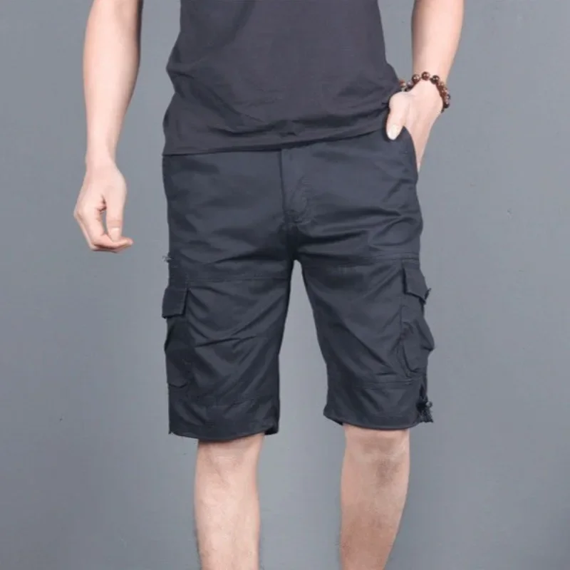 幅広マルチポケット無地ハーフビッグサイズメンズショートパンツバギー伸縮性ウエストオーバーサイズメンズカーゴショーツルーズバミューダロングコットン