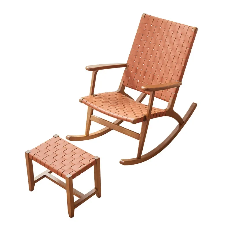 

Nordic solid wood rocking chair, home balcony leisure saddle leather old man escape chair