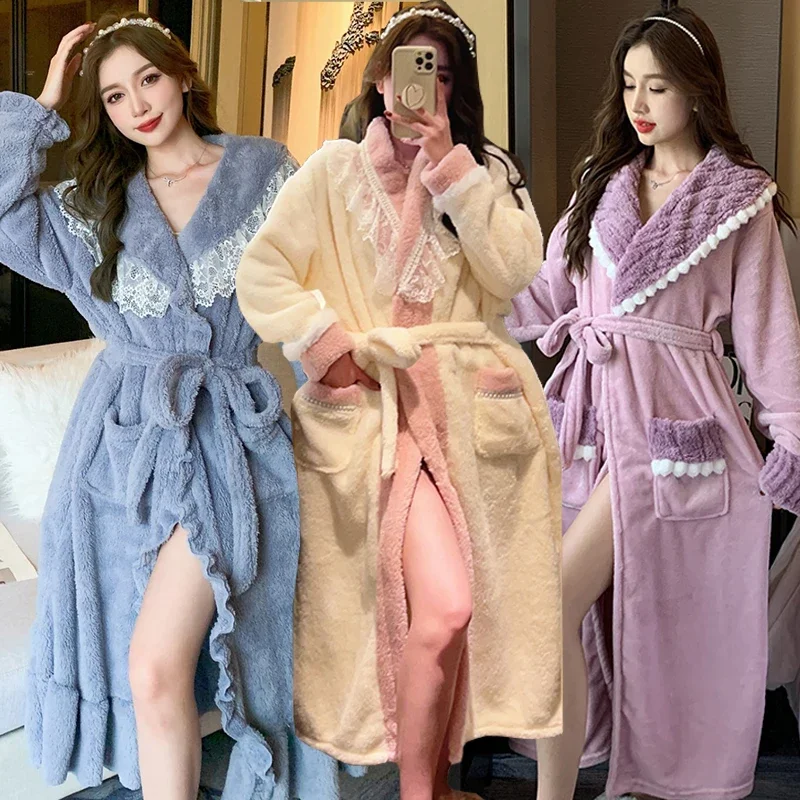 2023 Winter Long Sleeve Cute Lace Thick Warm Flannel Kimono Robes for Women Bathrobes Sleepwear Bath Robe Nightdress Night Dress