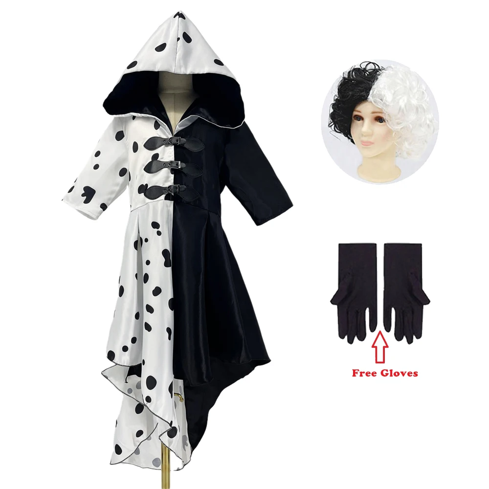 Anime Cruella De Vil Costume with Short Cruly Half Black and Half White Cosplay Wig Cruella Cosplay Black White Princess Dresses