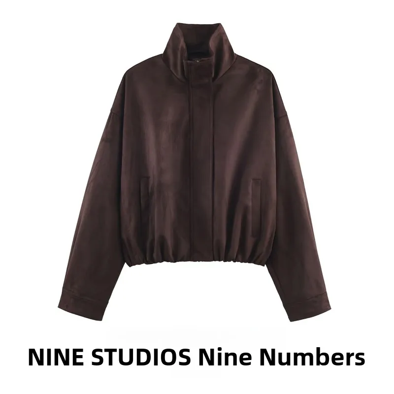 

NINE ZAR Women's Velvet Texture Pilot High Collar Zipper Jaet ort Outerwear Long Sve European Sle Fall Collection
