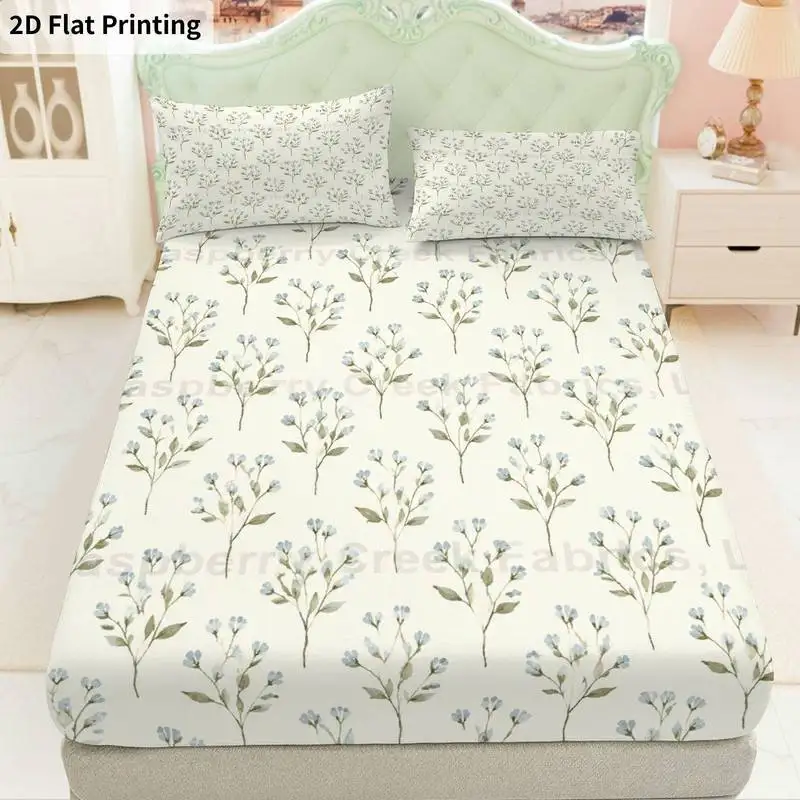 3Pcs Botanicalfoliage Fitted Sheet Three Piece Set (1*Fitted Sheet + 2*Pillowcases, Coreless), Bedding Set.