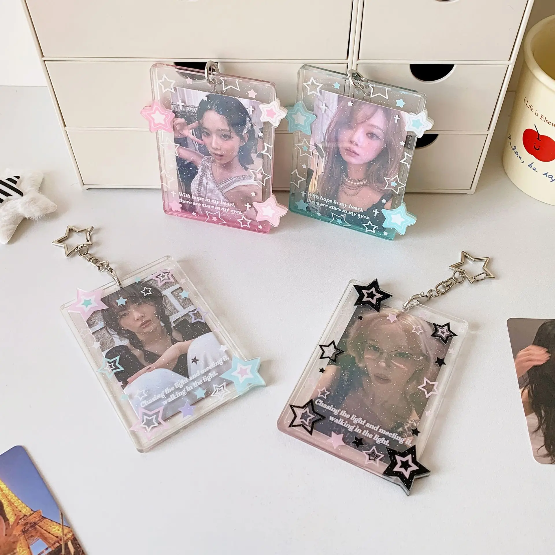 Korean Style Glitter Star Gradient 3-Inch Hard Photocard Holder, Hanging Photo Display Charm for Students, Girls & Fans