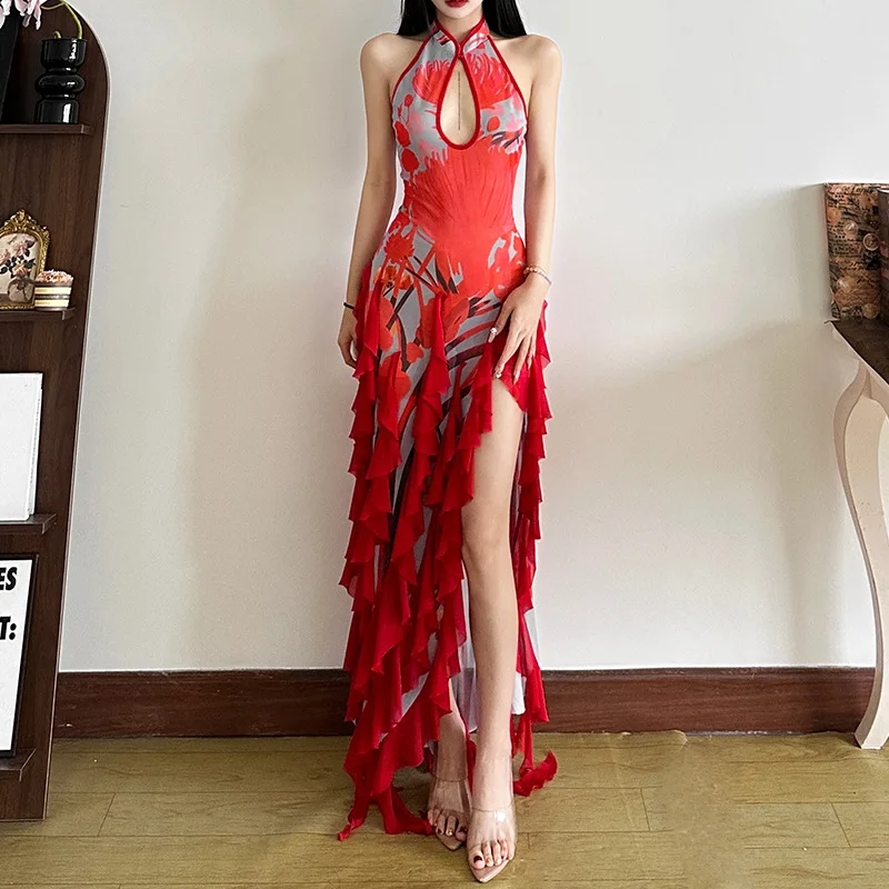 Spring new women's solid color slim fit high waist fashionable hanging neck backless sleeveless dress