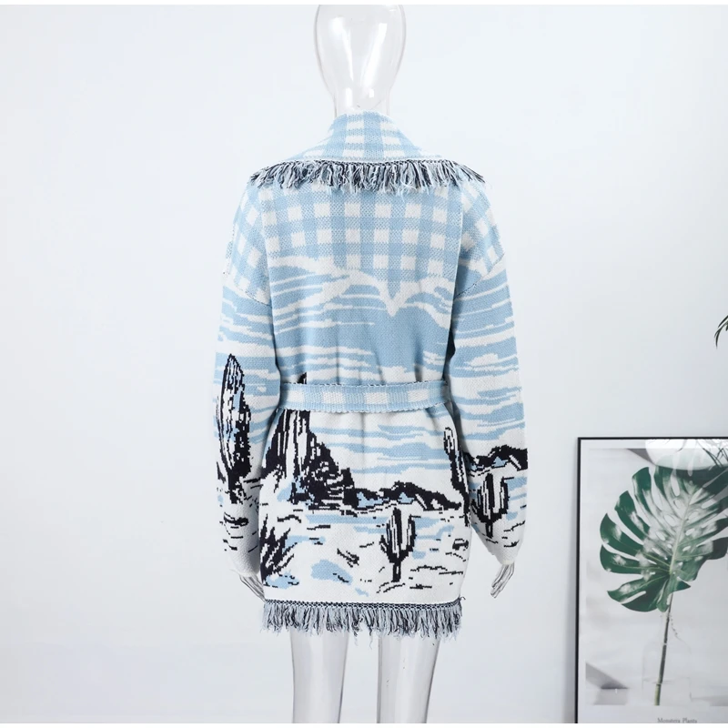Knitted Jacquard Tassels Patchwork Cardigans Women Sweaters Long Sleeve V-neck Thicken Vacation Sweater 2025 Autumn Coats Tops