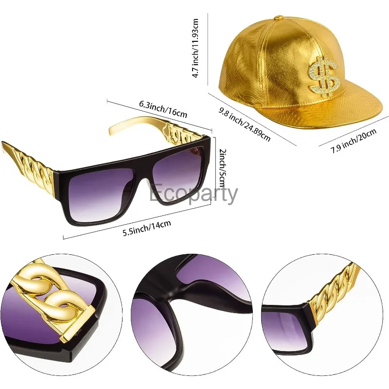 80s 90s Hip Hop Costume Accessories Set for Men Vintage Rapper Cosplay Gold Metal Chain Dollar Ring Bracelet Sunglasses Cap Suit