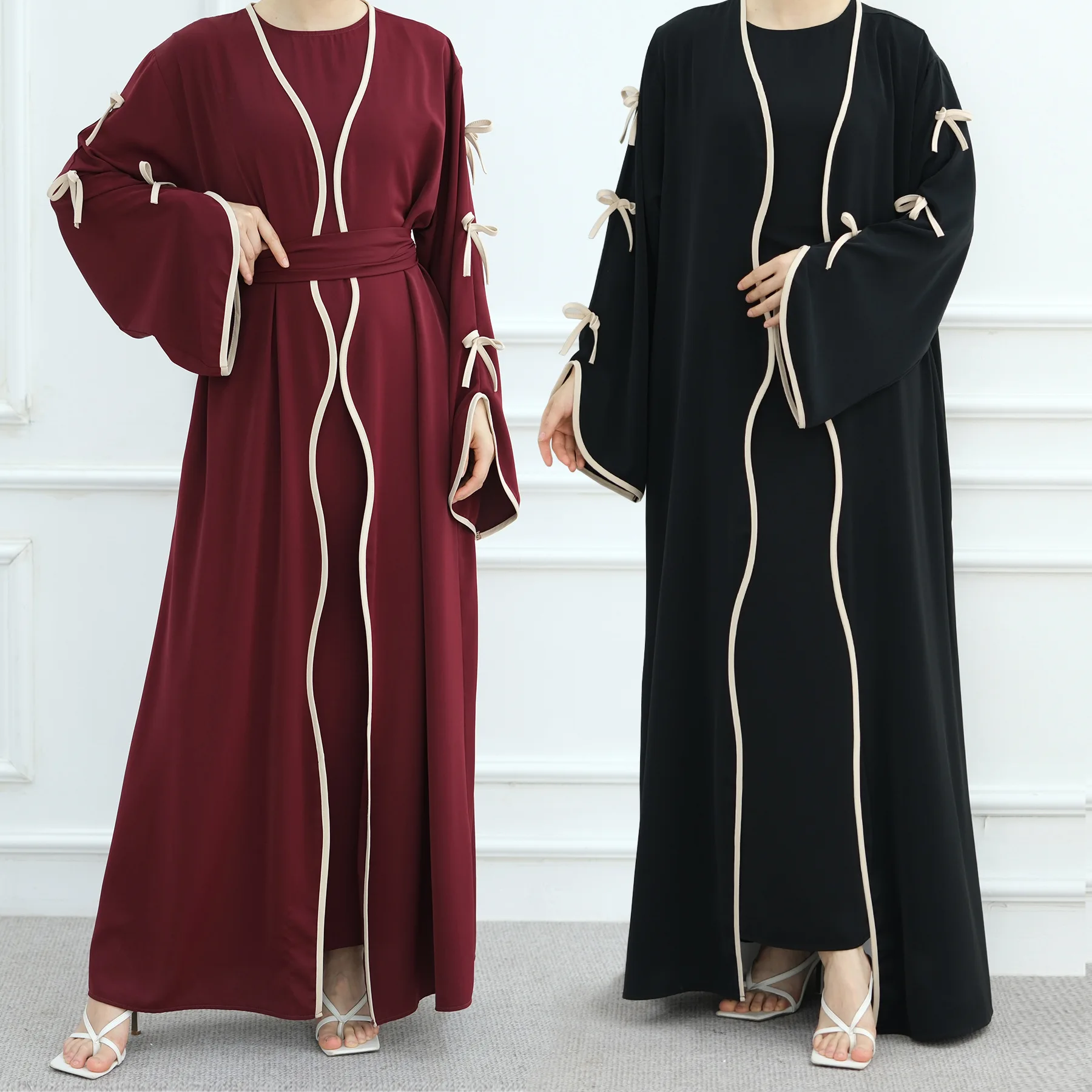 Burgundy Islamic Muslim Set Open Abaya +inner Dress Suit  Middle East Muslim Ladies Bow Details Inner Layer Ramadan Saudi Suit