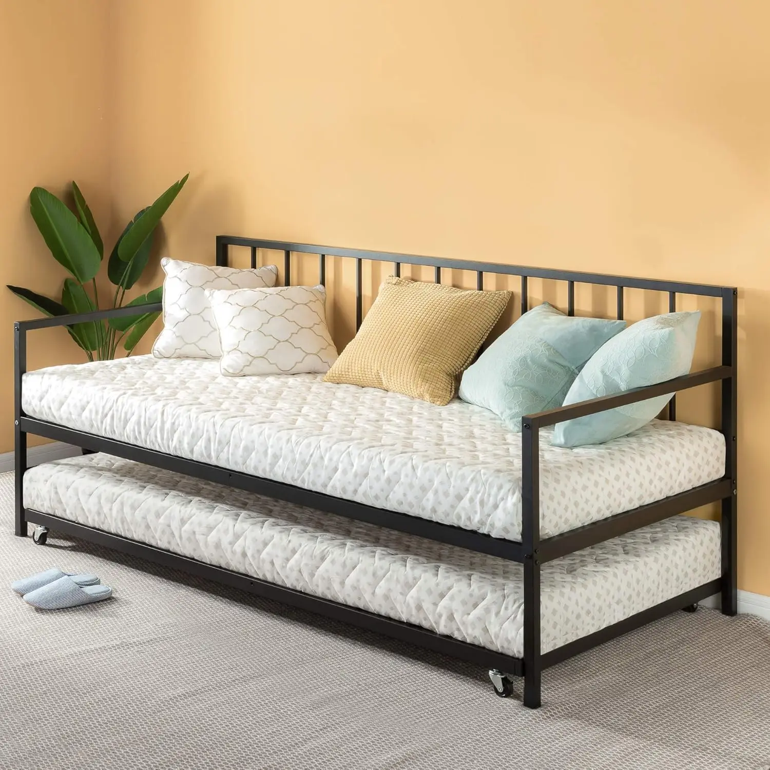 Eden Metal Daybed With Trundle, Mattress Foundation With Steel Slat Support, Easy Assembly, Twin