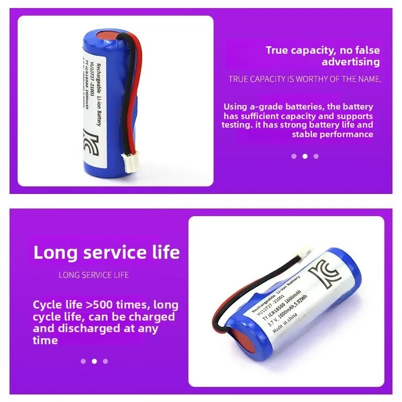 for 18500 Lithium Battery 3.7V 1600mAh Large Capacity Rechargeable Cell for Razor Bluetooth Stereo Flashlight