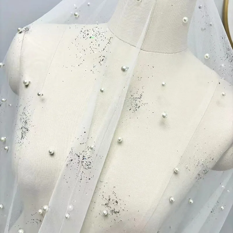 

1 M/2 M， New Luxury Pearl Studded Mesh Fabric Wedding Dress, Headband Decoration Background Clothing DIY Handmade Accessories