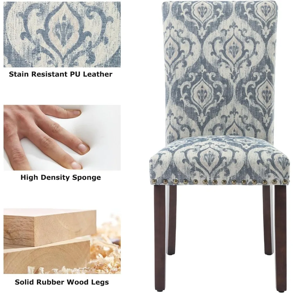 كراسي طعام بارسونز منجدة من القماش الأزرق، مجموعة من 2 مع حواف رأس الأظافر وأرجل خشبية للمطبخ أو غرفة الطعام #5