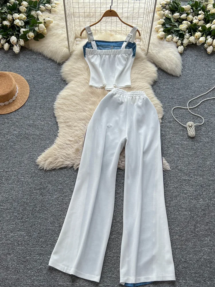 

Модный повседневный топ с вышивкой в американском стиле ретро и надписями, топ на бретелях с высокой талией, широкие джинсы, женский летний комплект одежды