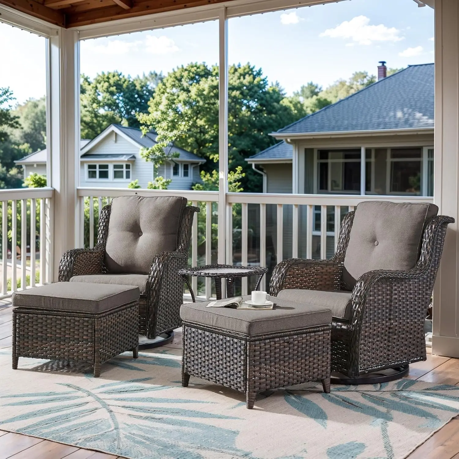 5-Piece Wicker Patio Set Swivel Rocker Chairs & Ottomans Side Table All Weather Outdoor Porch Pool, Customized