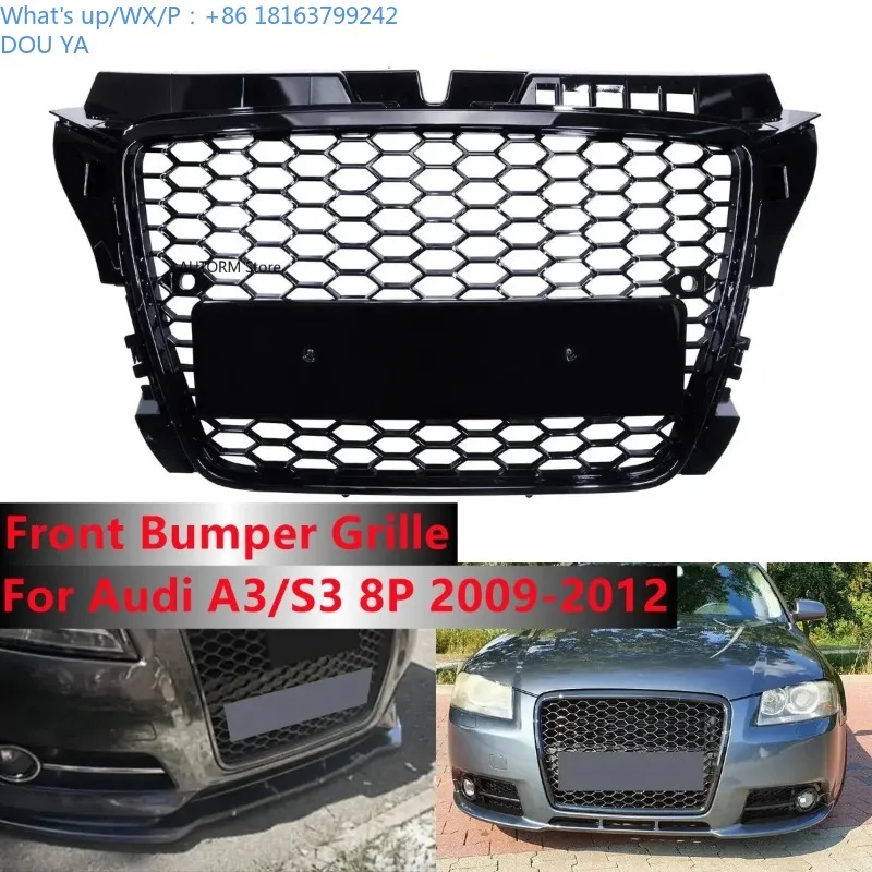 

For Audi A3 S3 8P 2008 2009 2010 2011 2012 RS Style Gloss Black Honeycomb Mesh Front Bumper Grille Racing Grilles Upper Grille