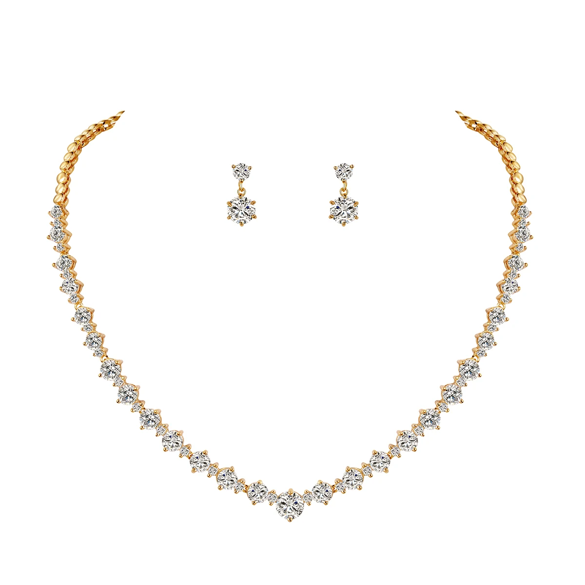 WEIMANJINGDIAN Brand Real Gold Plated Women Cubic Zirconia Round Cut CZ Bridal Necklace and Drop Earring Set for Bride Wedding