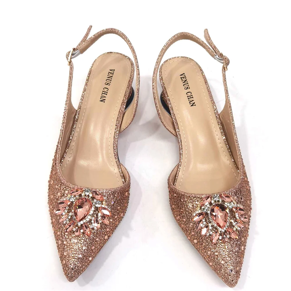 Simplicity High Quality Thin Heels Rhinestones Design Pointed Toe Ladies Sandals with Bag Set in Champagne Color For Party