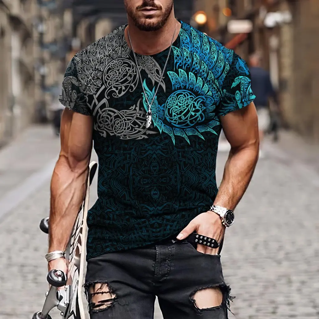 Summer 2022 Viking Mystic Ancient Symbol Charm with Men\'s Printed T-shirt O Neck Short Sleeve Oversized Loose Street Casual Top