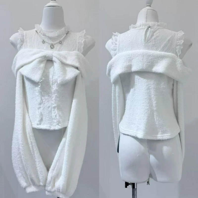 

Japanese Cute Lolita Style Knitwear Sweaters Women Sweet Lace Off Shoulder Long Sleeves Pullovers Autumn Y2k Aesthetic Loose Top