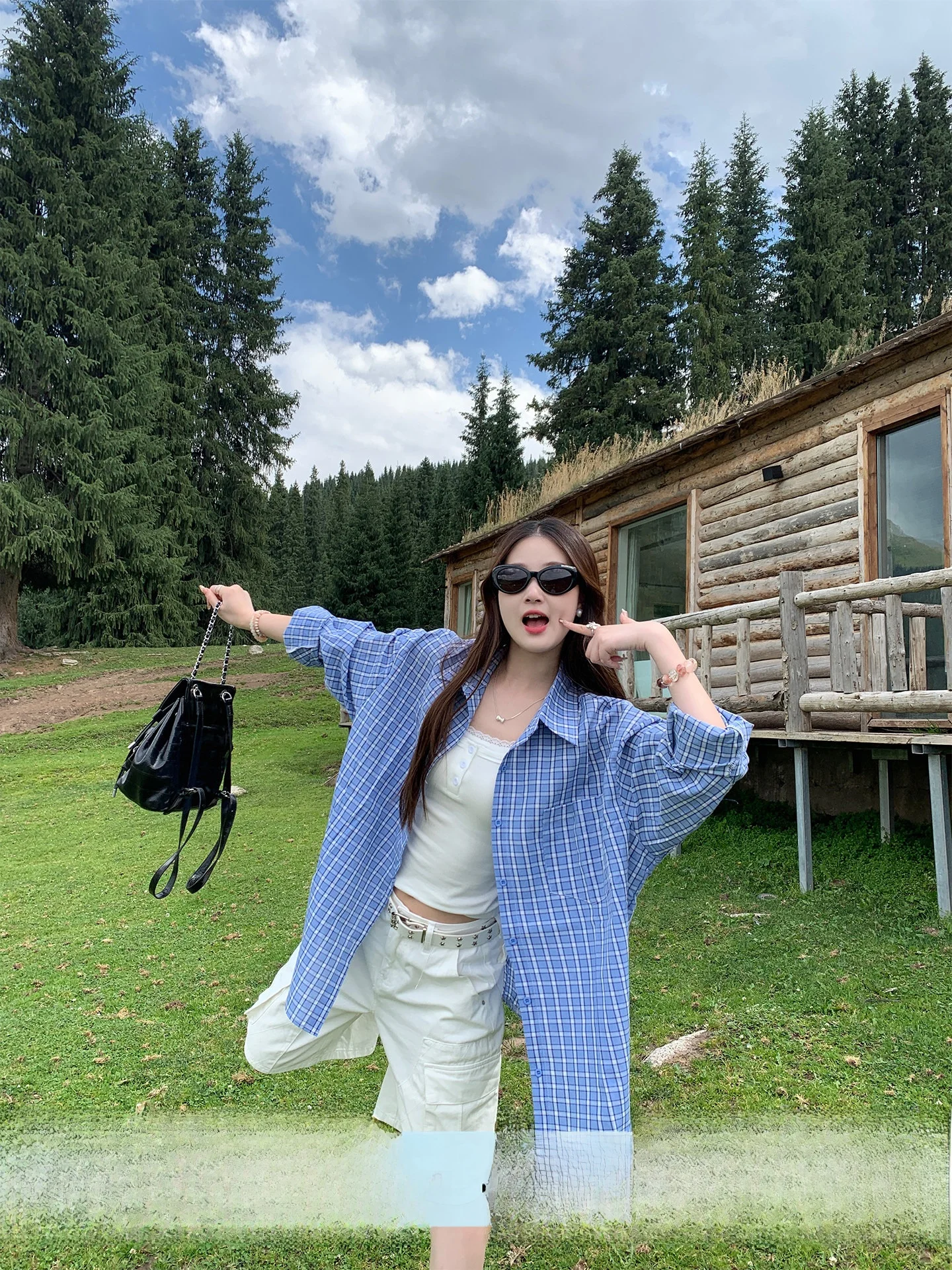 

Blue Plaid Shirt Women's Early Autumn 2025 New Lazy Style Top Coat Casual Style Other Fabric Long Sleeve Collar Midi Length