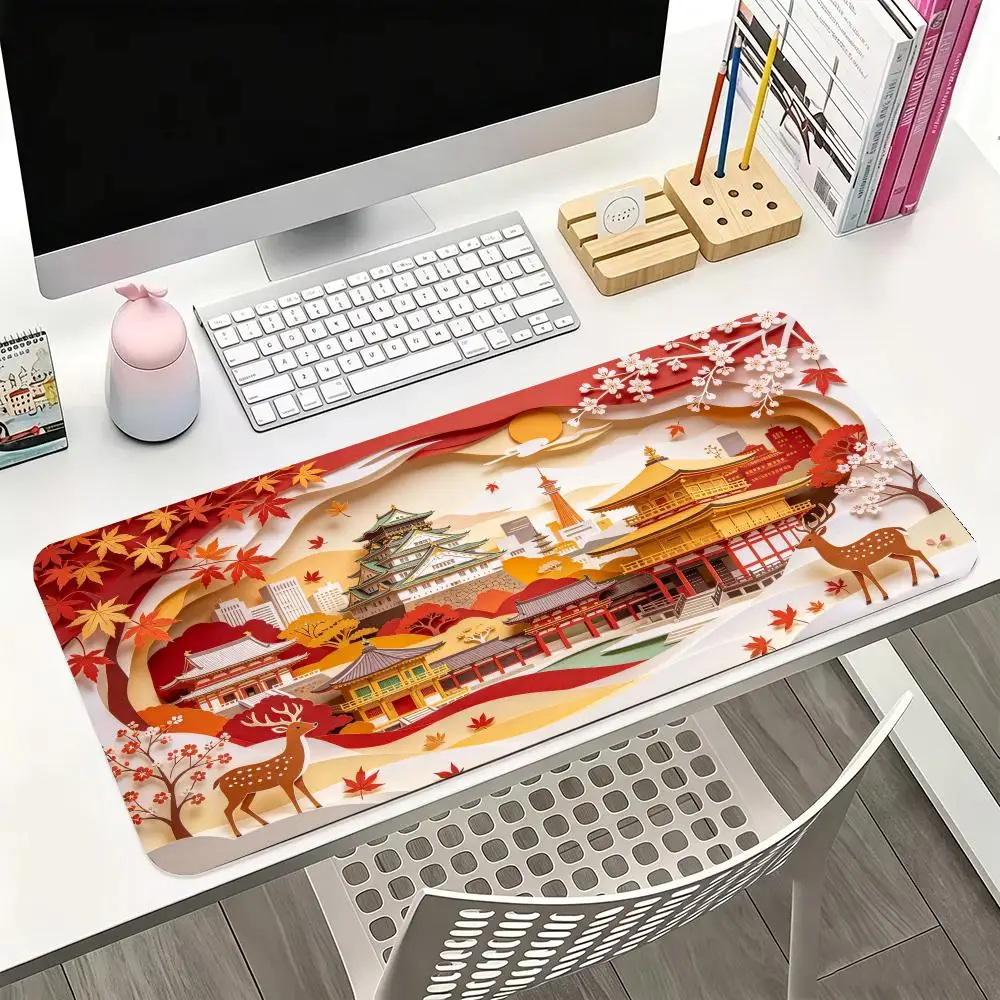 Japanese Castle Red Deer Paper Art Table Mat Smooth Glide Non Slip Rubber Base Large Size For Study Office Decor