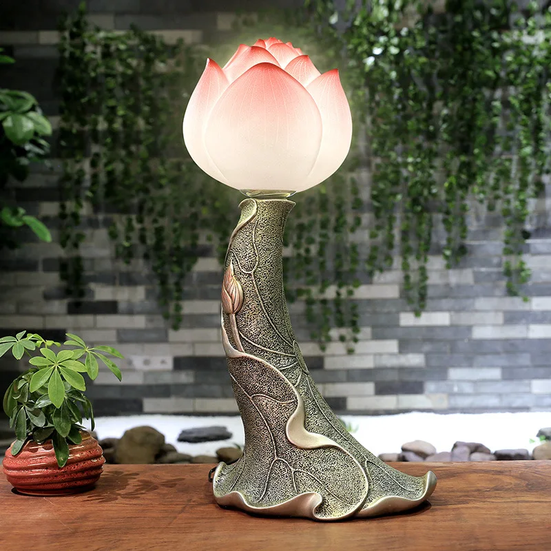 Lámpara de escritorio de estilo chino, lámpara de noche para dormitorio, decoración idílica Simple moderna, lámpara de mesa, arte con personalidad creativa, lámpara de loto
