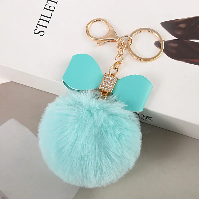 

Winter Pompom Keychain Bag Charm Trinkets Leather Bow Pompon Fluffy Faux Rabbit Fur Ball Fall Winter Women Car Bag Key Chains